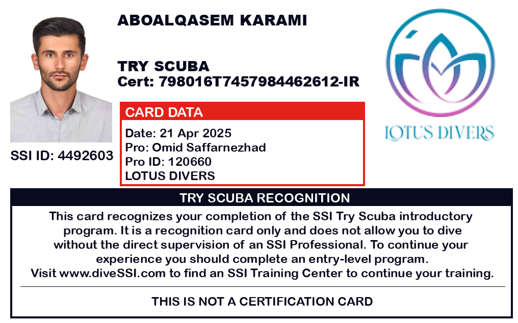 مدرک غواصی TRY SCUBA SSI ایوالقاسم کرمی